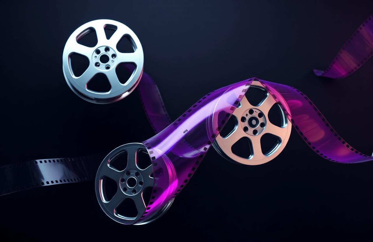 Multi-model AI video generator interface with iridescent chrome film frames under violet and pink studio lighting