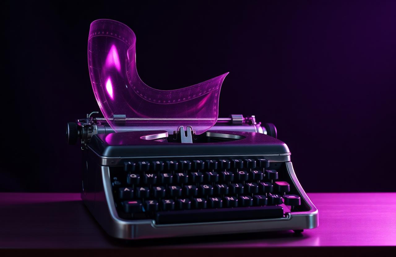 Text-to-video AI turning script lines into cinematic film reels lit with pink and violet gels